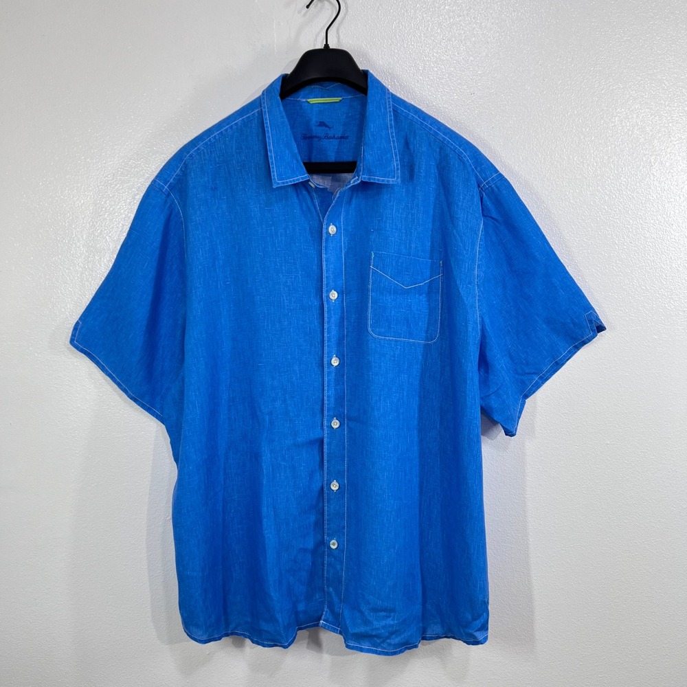 Tommy Bahama Sea Glass Breezer Mens 3XLB Blue 100% Linen Short Sleeve Big & Tall